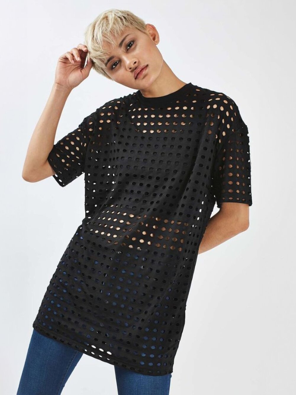 Topshop Airtex Oversized Tee in Black - sz 2